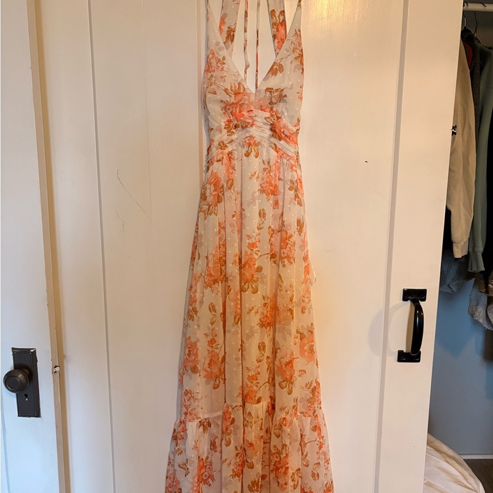 Elegant Floral Maxi Dress in Orange and Cream